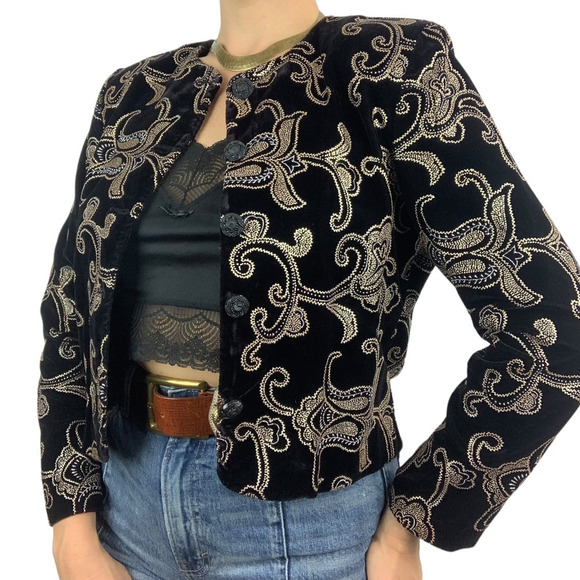 80's black velvet and gold blazer by NORTON McNAUGHTON Petites - Picture 9 of 12